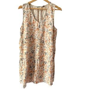 Joie‎ Peach and Grey Floral 100% Linen V-Neck Sleeveless Baby Doll Dress Size L
